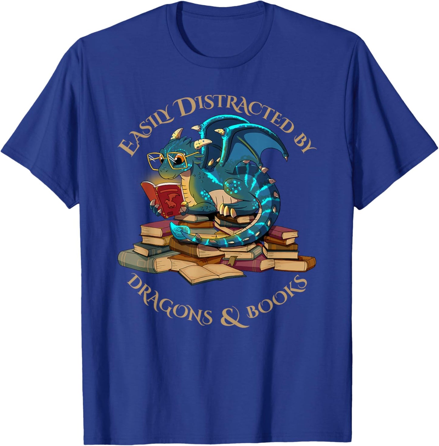 Easily Distracted By Dragons And Books Gift Nerd Dragon T-Shirt - T-Shirt | Royal
