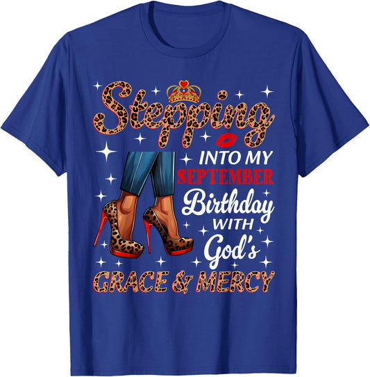 Stepping Into My September Birthday Afro Woman Leopard Heels T-Shirt - T-Shirt | Royal