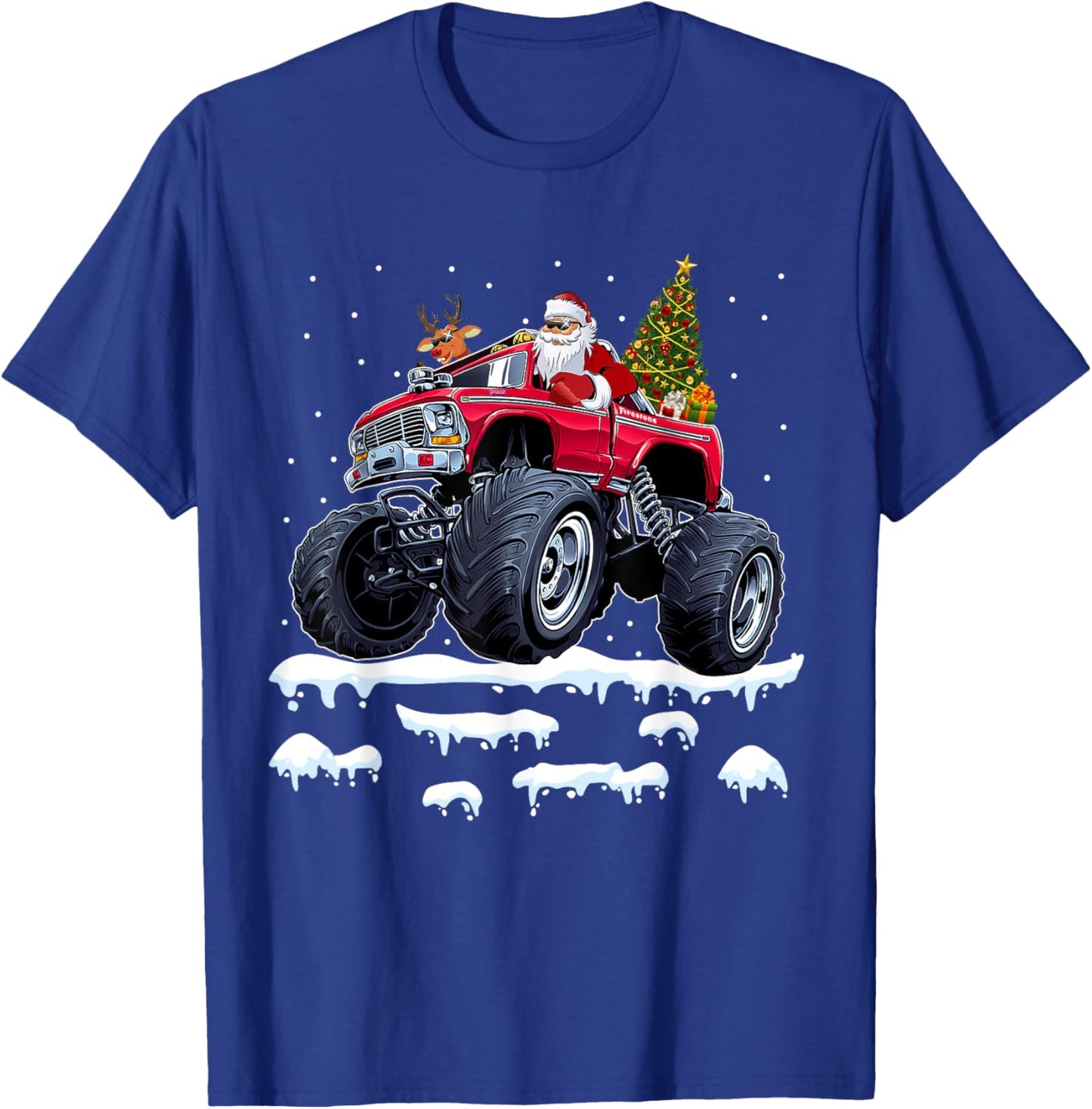 Reindeer Santa Riding Monster Truck Christmas Tree Men Boy T-Shirt - T-Shirt | Royal