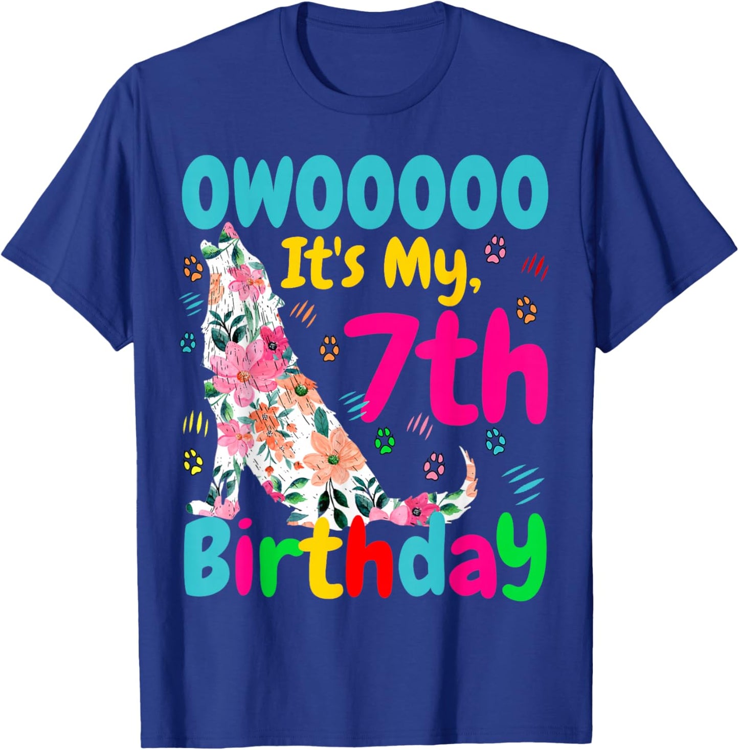 Floral Howling Watercolor Wolf 7th Years Old Wolves Birthday T-Shirt - T-Shirt | Royal
