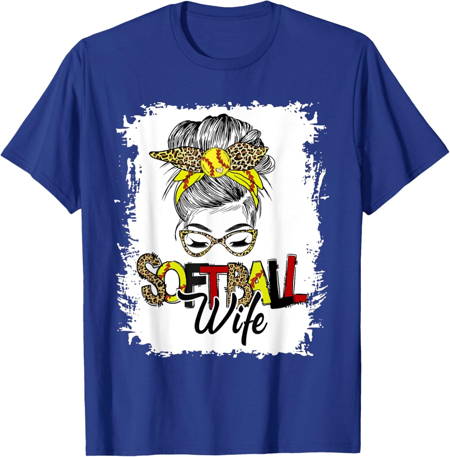 Softball Wife Life With Leopard Messy Bun Mother's Day T-Shirt - T-Shirt | Royal