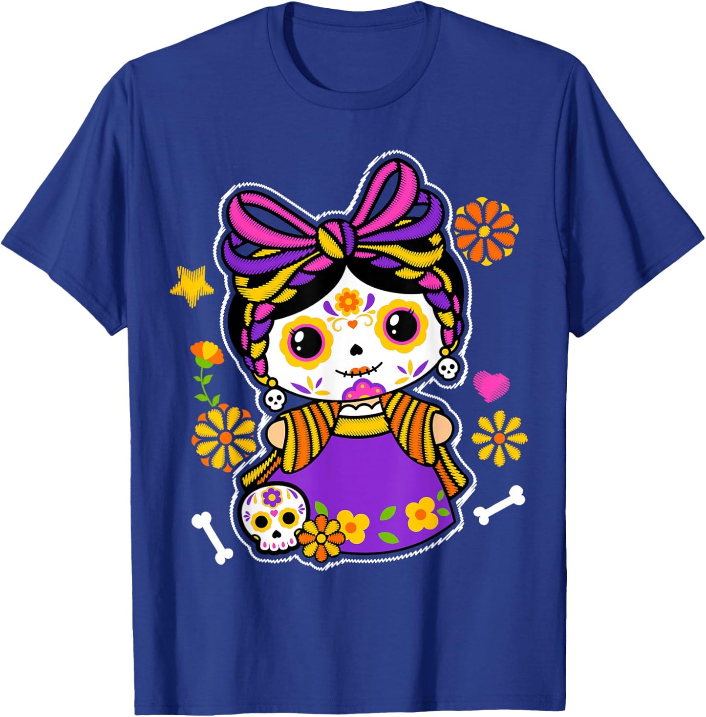 Catrina Floral Sugar Skull Mexican Roses Flowers Skeleton T-Shirt - T-Shirt | Royal