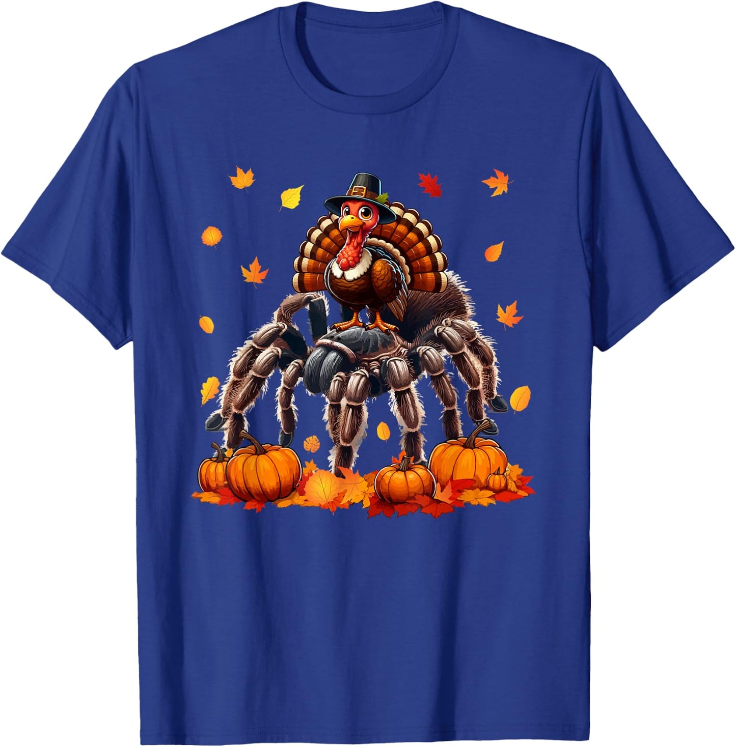 Turkey Riding Tarantula Thanksgiving Fall Leaves Pumpkins T-Shirt - T-Shirt | Royal