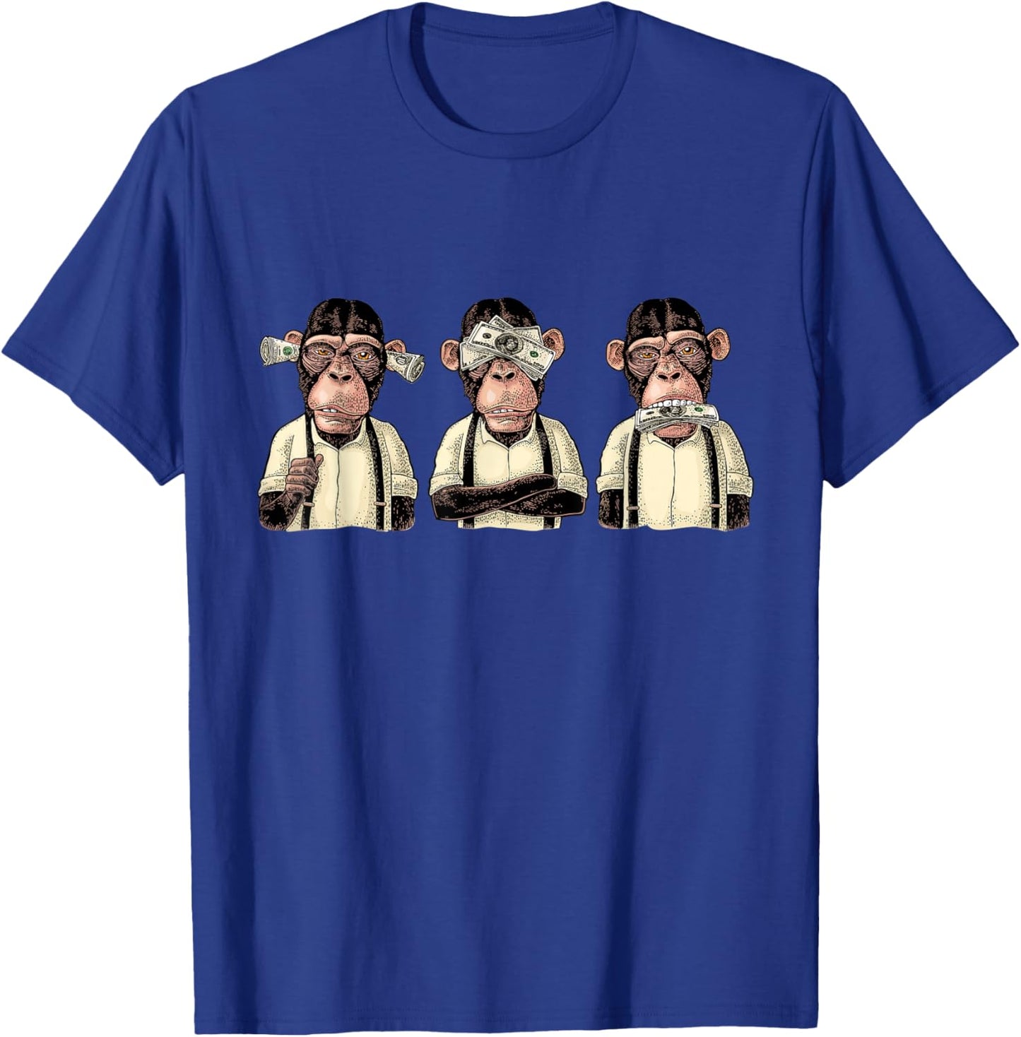 Money A Bag HEAR NO SEE NO SPEAK NO EVIL Monkey Dollar Bills T-Shirt - T-Shirt | Royal