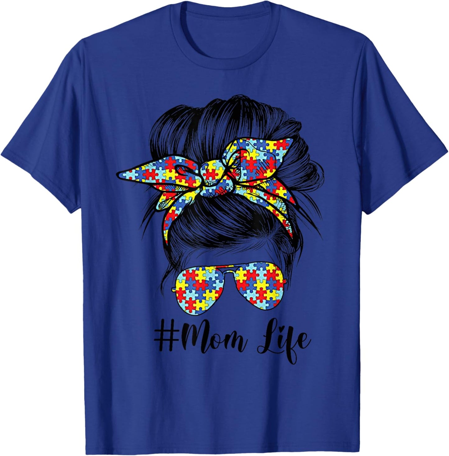 Mom Life Messy Bun Hair Bandana Glasses Autism Mother's Day T-Shirt - T-Shirt | Royal