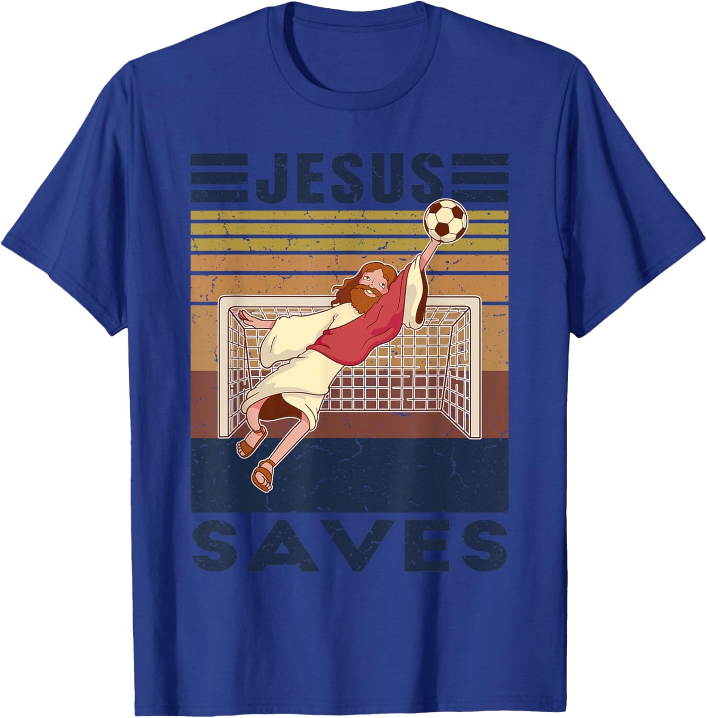 Retro Goalkeeper Jesus Saves Soccer Goal T-Shirt - T-Shirt | Royal