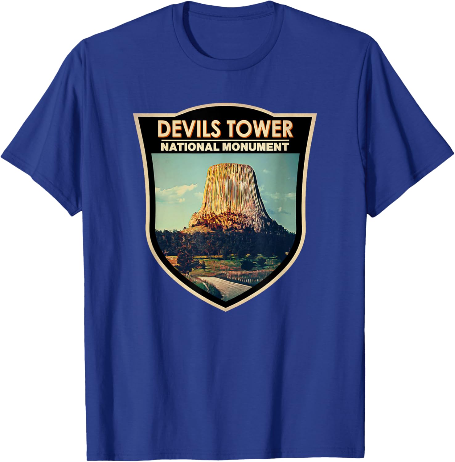 Devils Tower National Monument Wyoming Watercolor Badge T-Shirt - T-Shirt | Royal