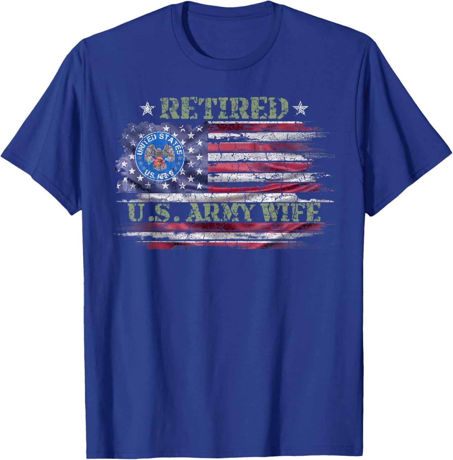 Vintage USA American Flag Proud Retired US Army Veteran Wife T-Shirt - T-Shirt | Royal