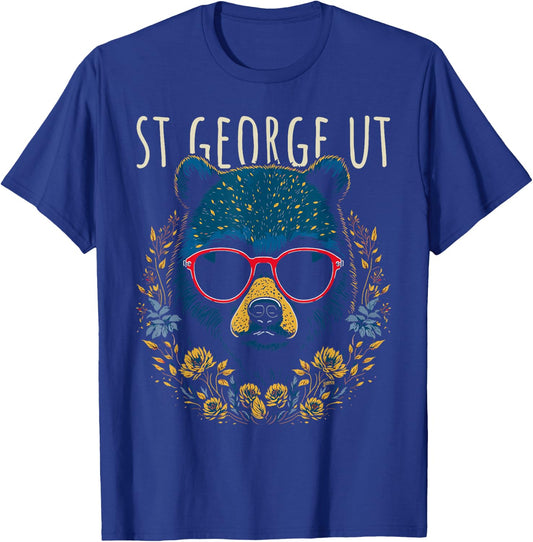 St George Utah Bear Wearing Sunglasses and Flowers Design T-Shirt - T-Shirt | Royal