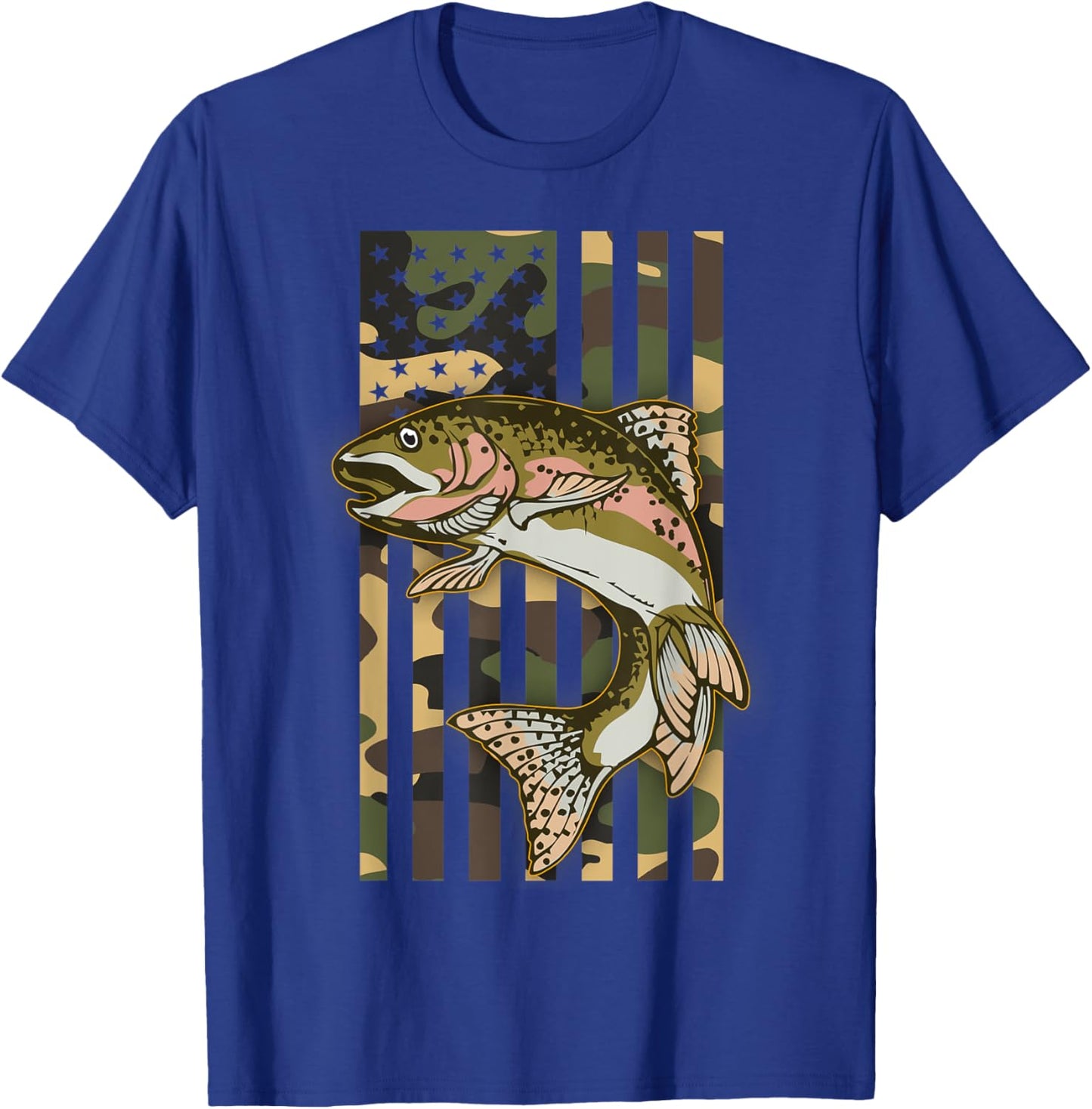 Trout Fishing Camo American Flag Rainbow Trout Fisherman T-Shirt - T-Shirt | Royal