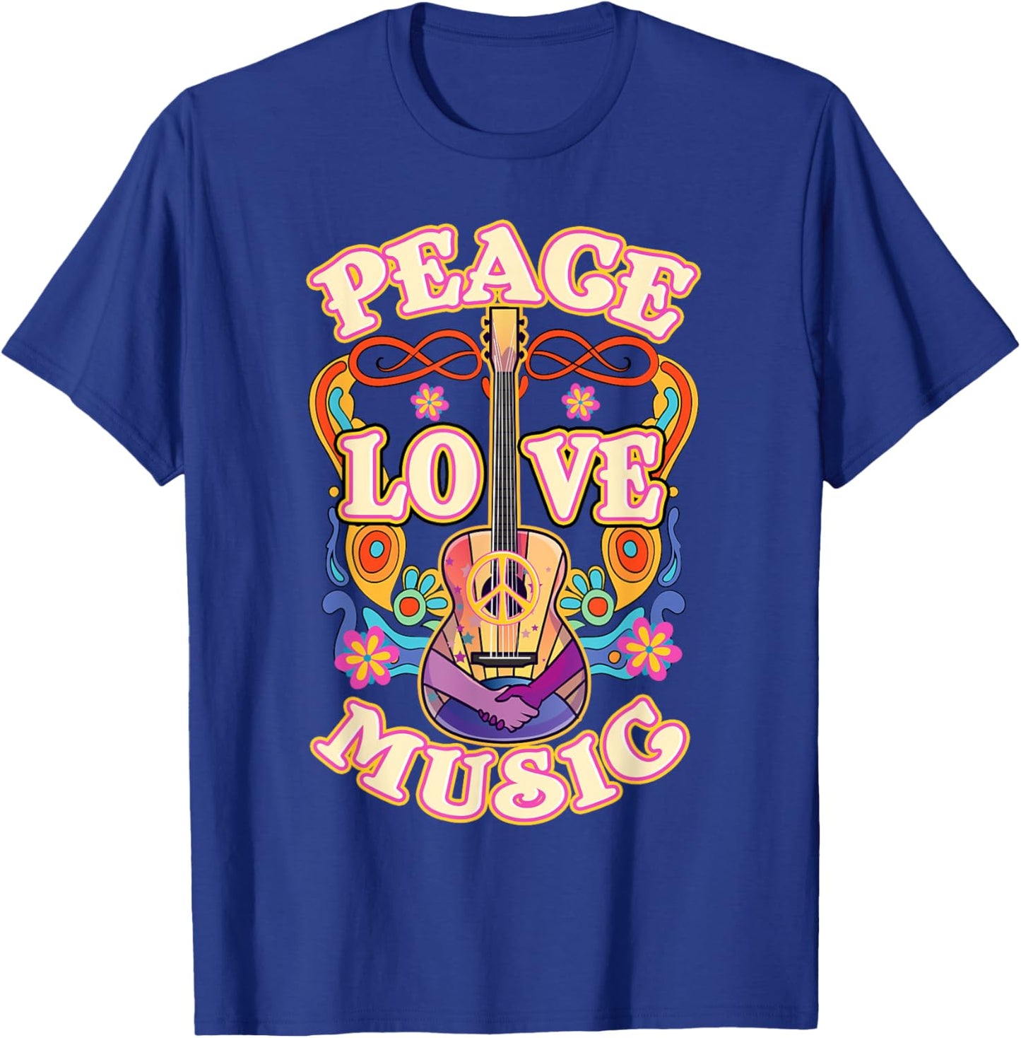 Retro Hippie Guitar Peace Love Music T-Shirt - T-Shirt | Royal