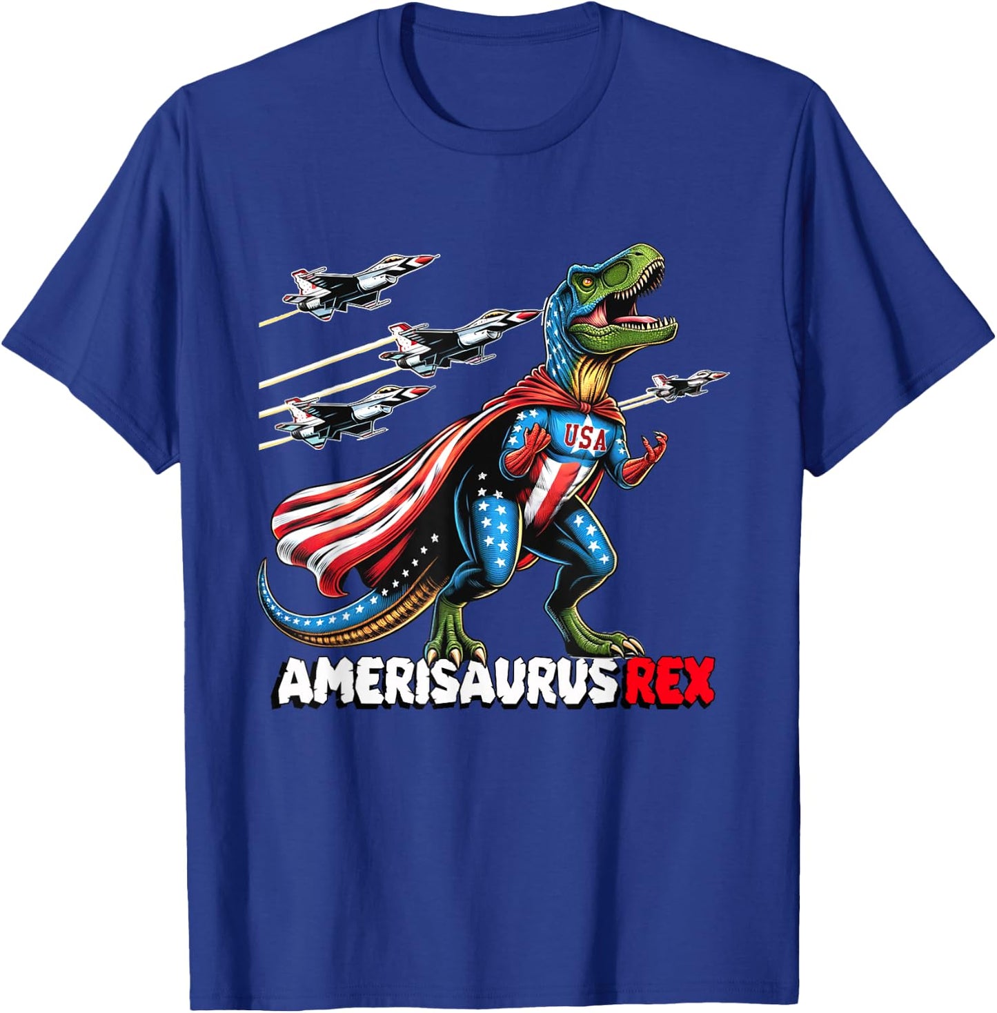 Amerisaurus T-Rex Patriotic Boys Girl 4th of July Flag Jets T-Shirt - T-Shirt | Royal