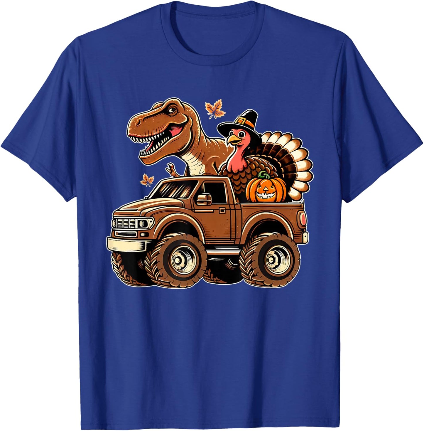Happy Thanksgiving Dinosaur Turkey Riding Truck Kids Boys T-Shirt - T-Shirt | Royal