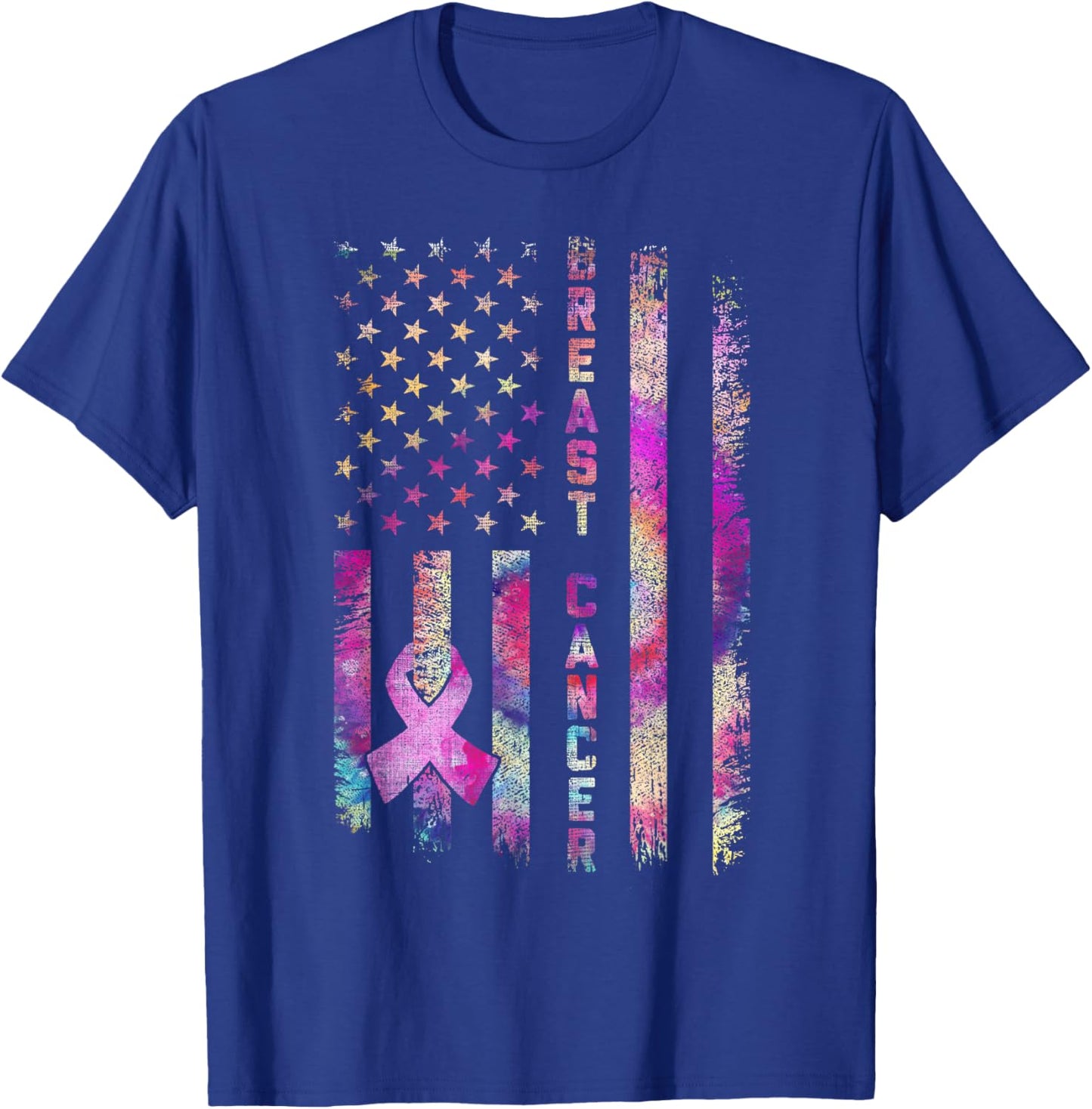 American Flag Breast Cancer Awareness Support Tie Dye T-Shirt - T-Shirt | Royal