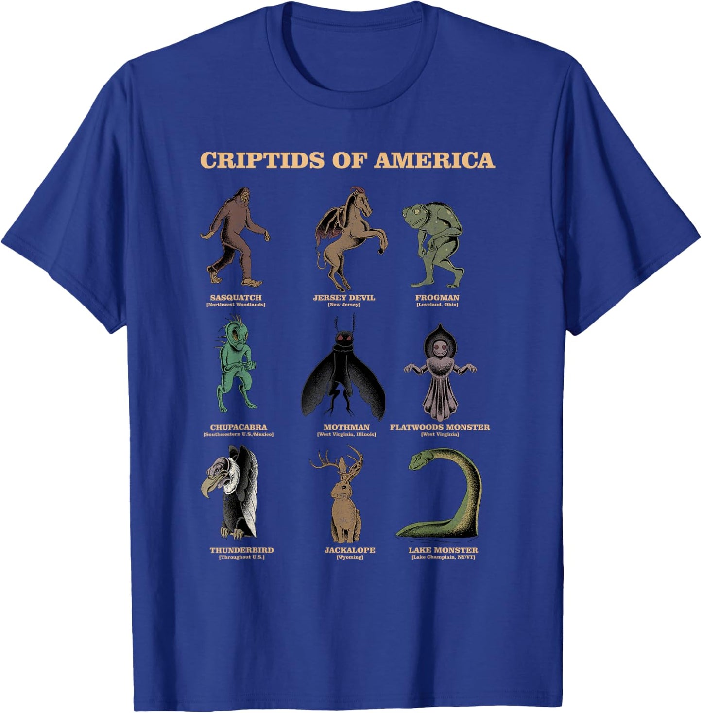 Cryptid Shirt Monster of America Educational Cryptozoology T-Shirt - T-Shirt | Royal