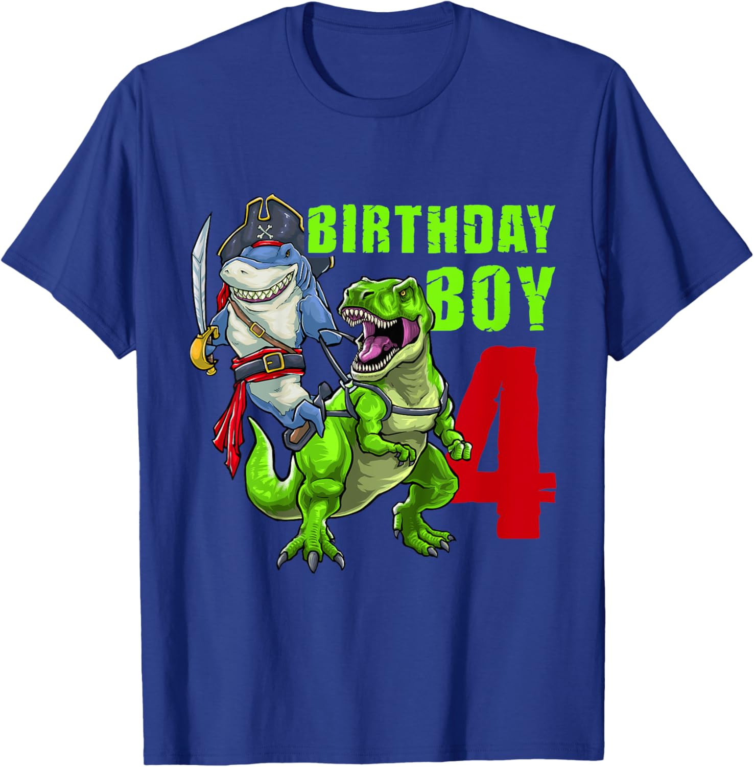 Kids 4th Birthday Boy 4 Years Old Dinosaur Pirate Shark T-Shirt - T-Shirt | Royal