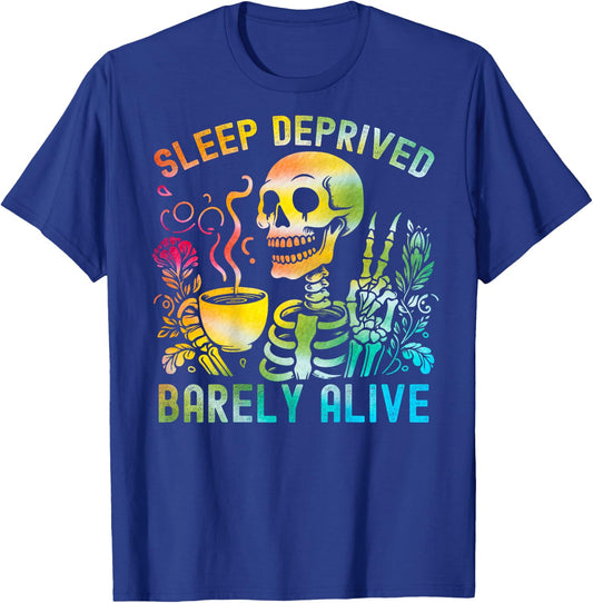 Sleep Deprived Barely Alive Tie Dye Skeleton (back) T-Shirt - T-Shirt | Royal