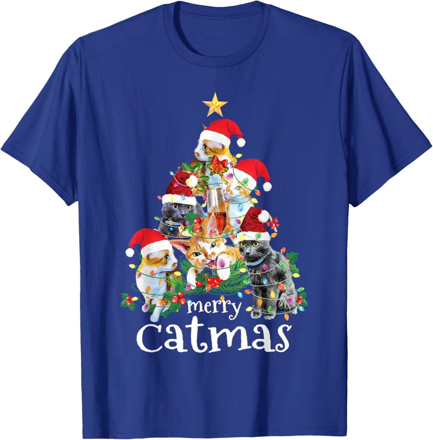 Merry Catmas Cat Mom Cat Dad Funny Christmas Tree Cat T-Shirt - T-Shirt | Royal