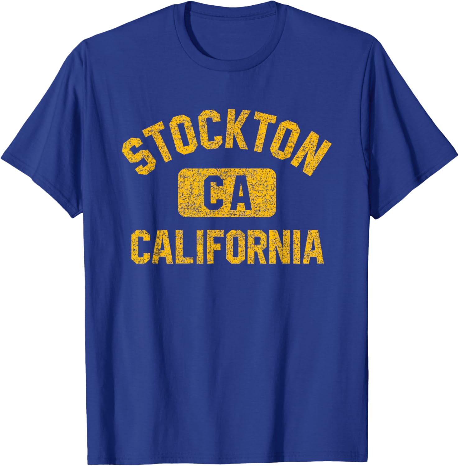 Stockton California Gym Style Distressed Amber Print T-Shirt - T-Shirt | Royal