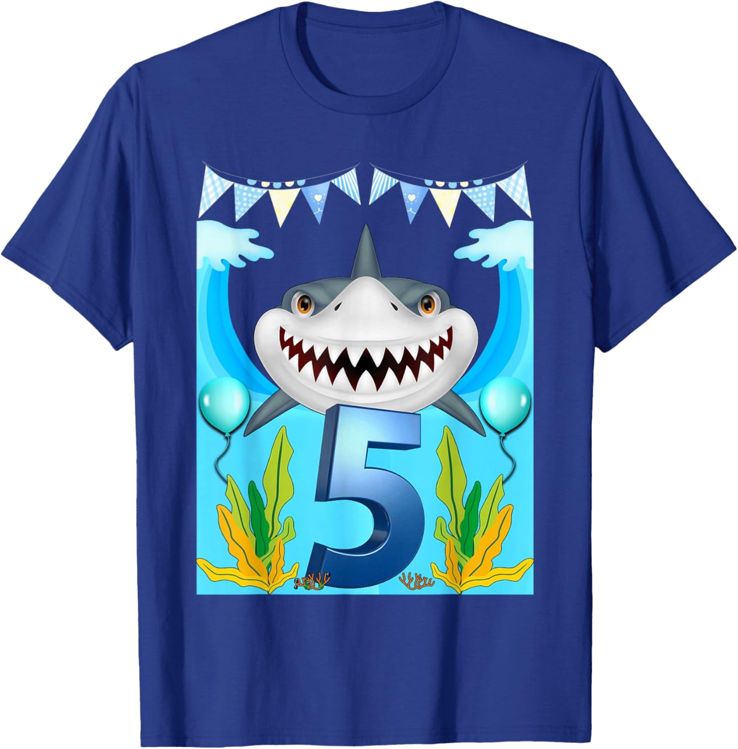 5th Birthday Boys Shark 5 Years Old Boys Ocean Sharks B-Day T-Shirt - T-Shirt | Royal