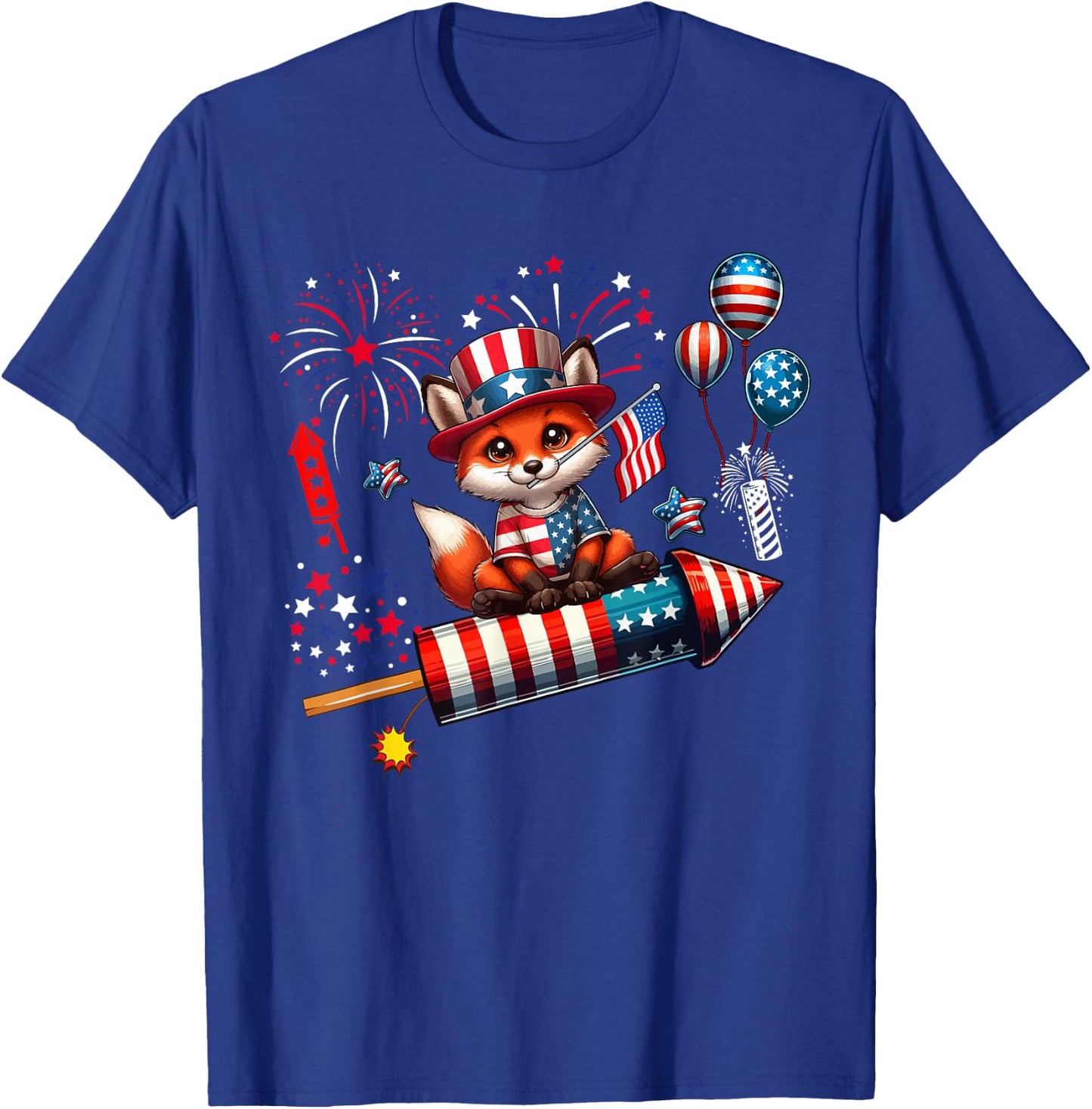 Fox Riding Firecracker US Flag 4th Of July Fireworks T-Shirt - T-Shirt | Royal