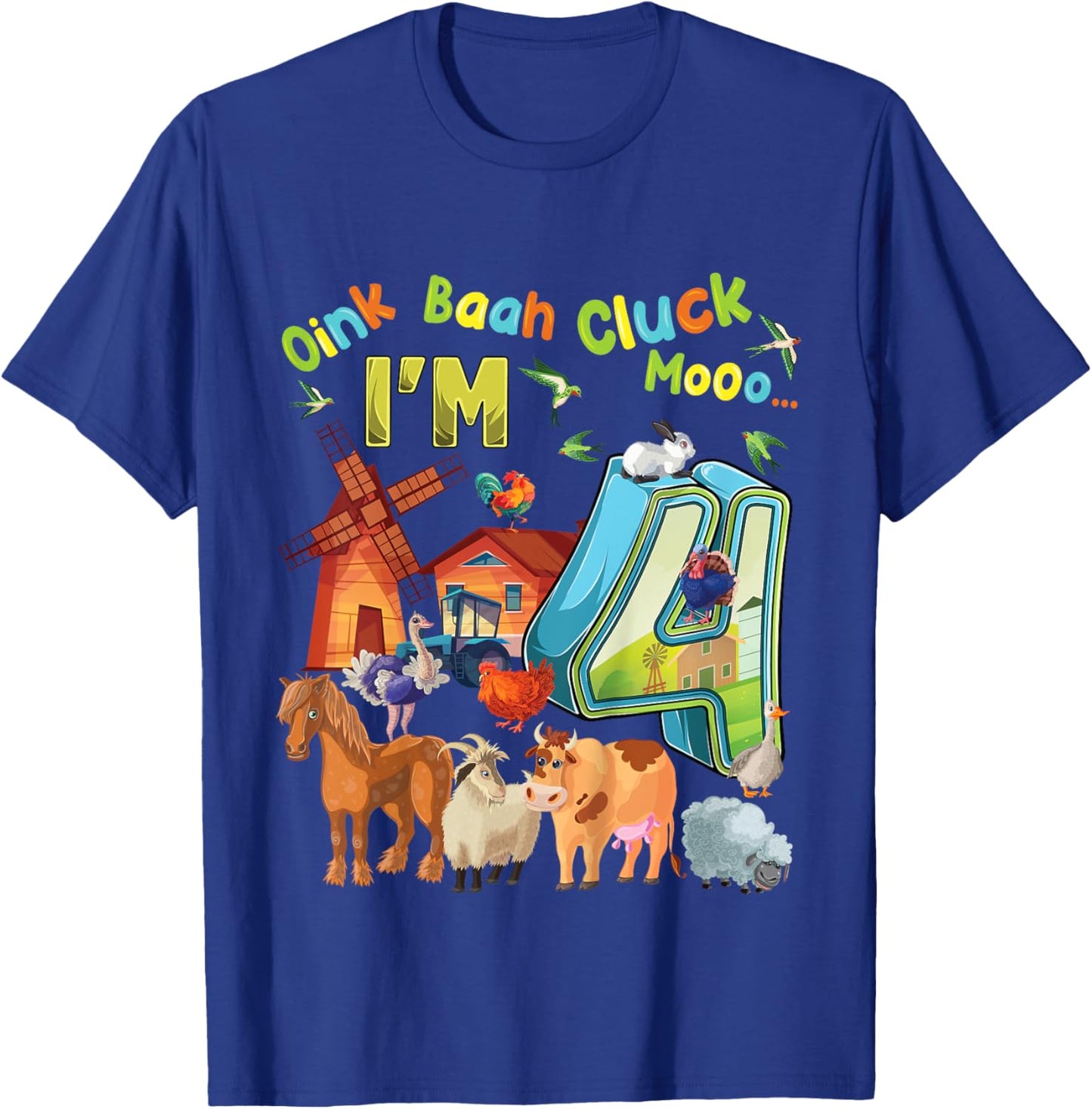 Barnyard 4th Birthday Farm Animals 4 Years Old Farming T-Shirt - T-Shirt | Royal
