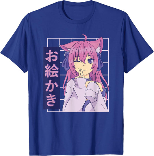 Cute Anime Kawaii Girl Wolf Ears Illustration - Japanese T-Shirt - T-Shirt | Royal