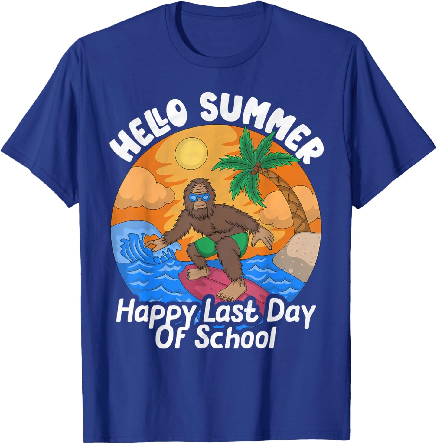 Big Foot Sasquatch Kids Hello Summer Surfing Last Day School T-Shirt - T-Shirt | Royal