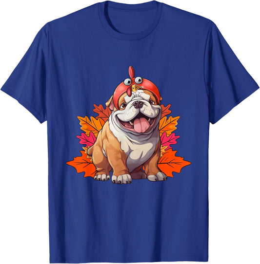 Turkey English Bulldog Fall Autumn Leaf Funny Thanksgiving T-Shirt - T-Shirt | Royal