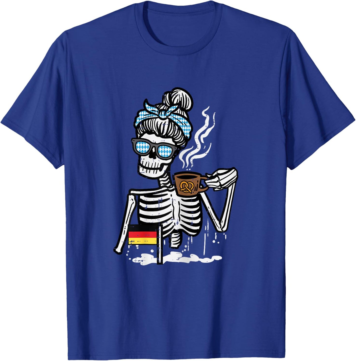 Oktoberfest Skeleton Messy Bun Coffee German Mom Women Girls T-Shirt - T-Shirt | Royal