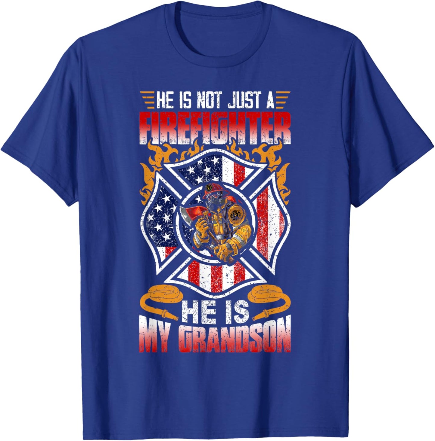 My Grandson Is A Firefighter Proud Grandma Grandpa Gift T-Shirt - T-Shirt | Royal