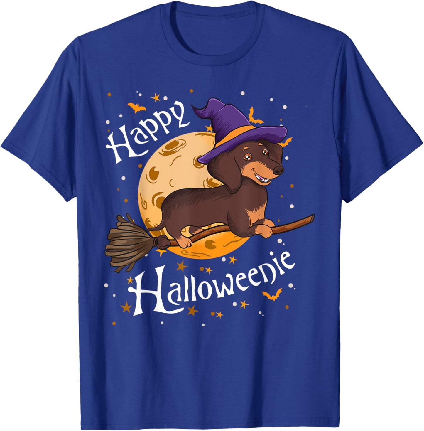 Happy Halloweenie Dachshund Dog Halloween Witch Wiener Broom Men Women Kids T-Shirt - T-Shirt | Royal