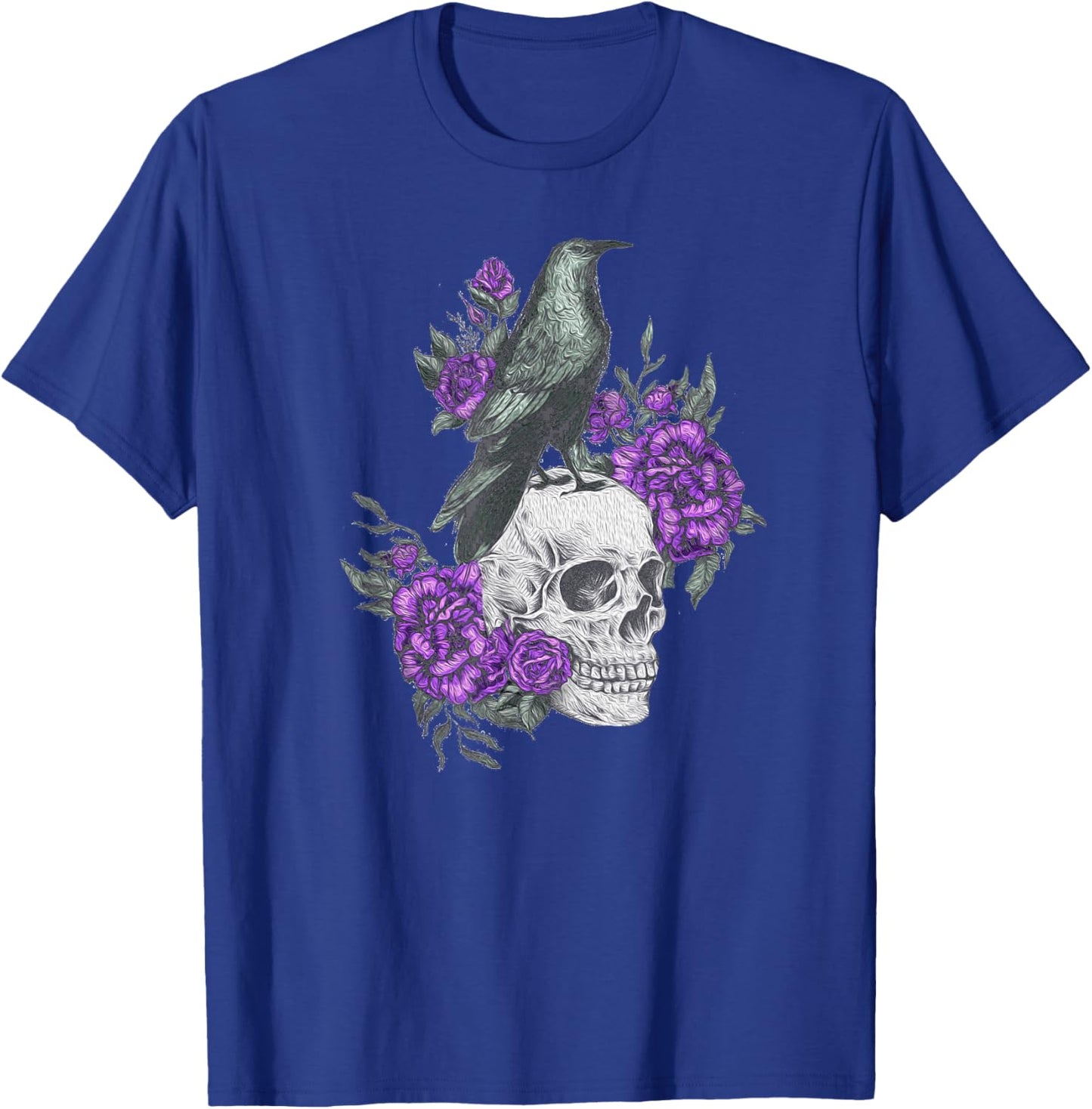 Vintage Sugar Skull and Crow Purple Rose Day of the Dead T-Shirt - T-Shirt | Royal