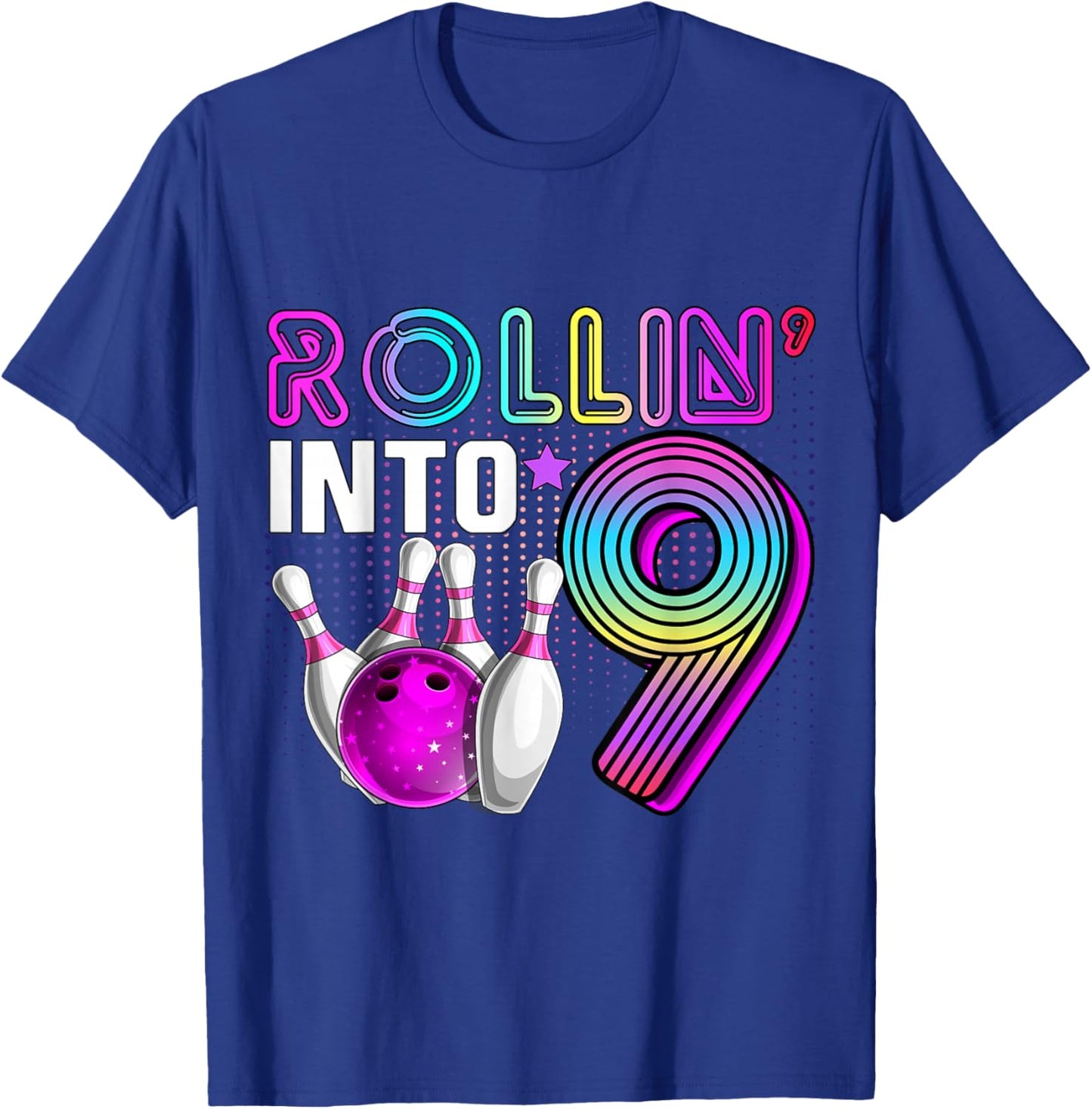 Rollin into 9 Bowling Birthday Party 9th Birthday Retro Girl T-Shirt - T-Shirt | Royal