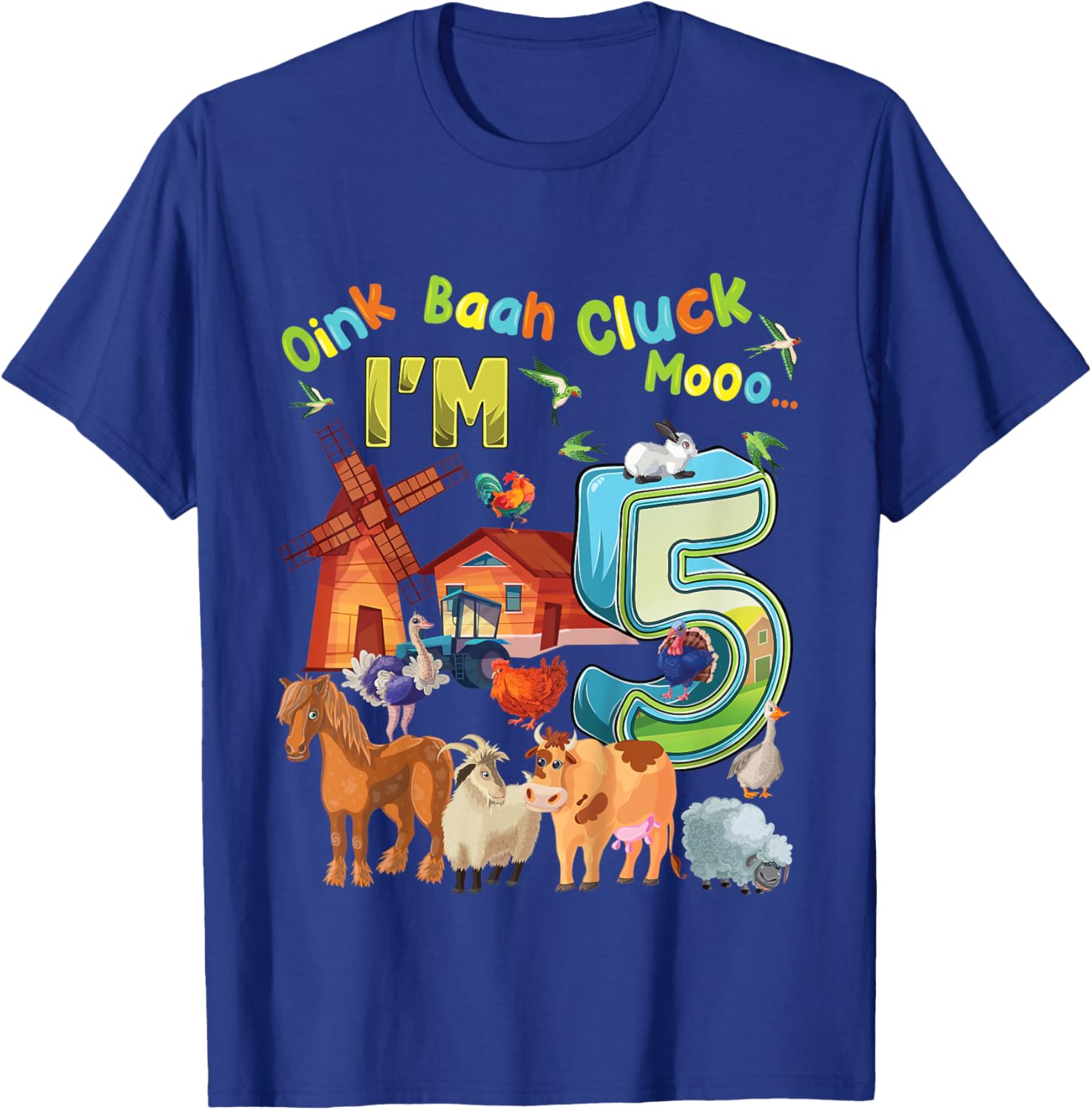 Kids Barnyard 5th Birthday Farm Animals 5 Years Old Farming T-Shirt - T-Shirt | Royal