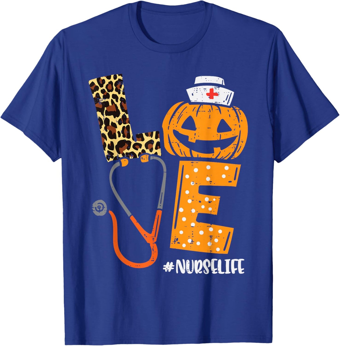 Love Nurse Pumpkin Leopard Fall Halloween Thanksgiving Women T-Shirt - T-Shirt | Royal