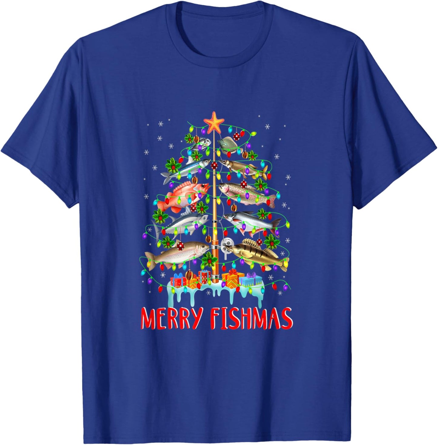 Merry Fishmas Funny Christmas Tree Lights Fish Fishing Rod T-Shirt - T-Shirt | Royal