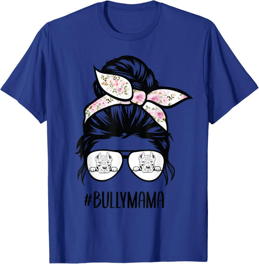 American Bully Mom messy bun hair glasses, Bully mama T-Shirt - T-Shirt | Royal