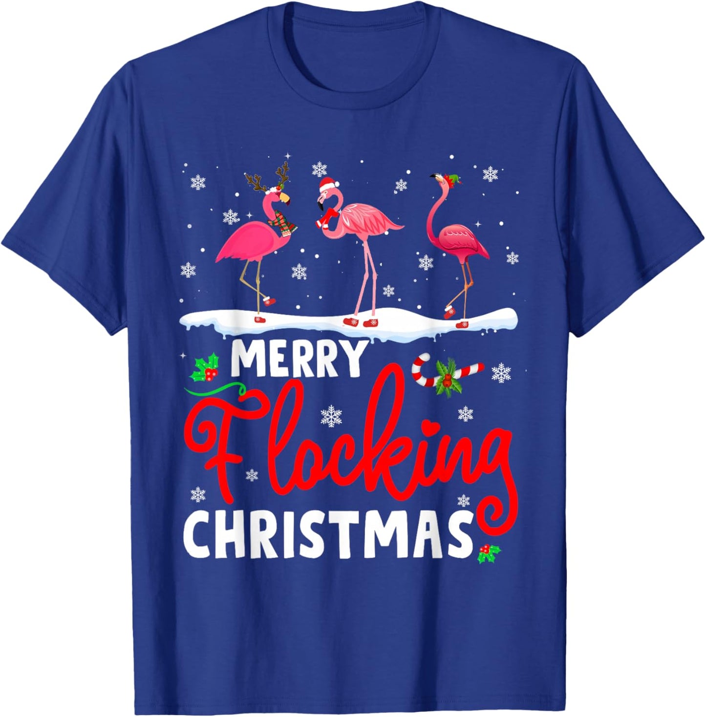 Merry Flocking Christmas Reindeer Santa ELF Flamingo Xmas T-Shirt - T-Shirt | Royal