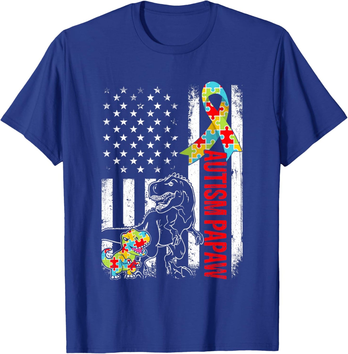 American Flag Autism Papaw Dinosaur Awareness Autistic Women Kids Men T-Shirt - T-Shirt | Royal
