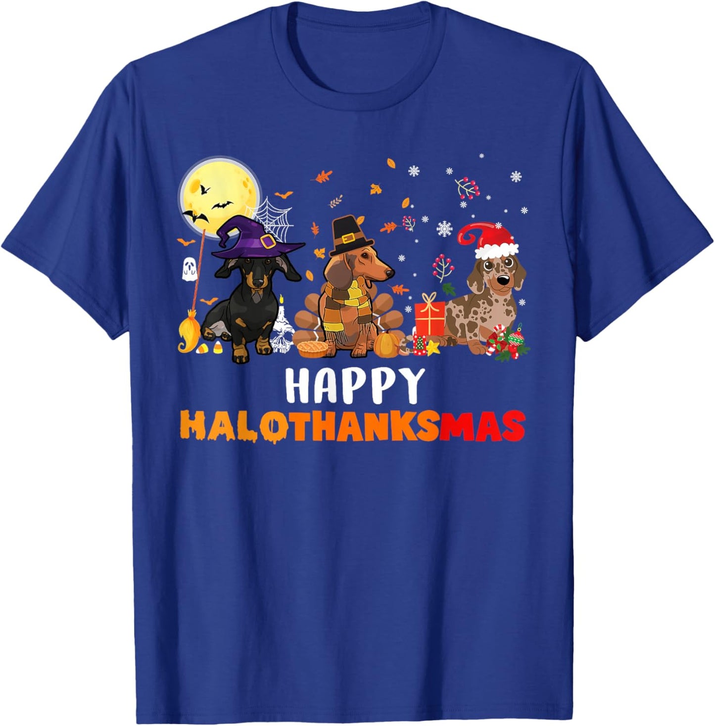 Happy Hallothanksmas Dachshund Dog Lover Halloween Christmas T-Shirt - T-Shirt | Royal