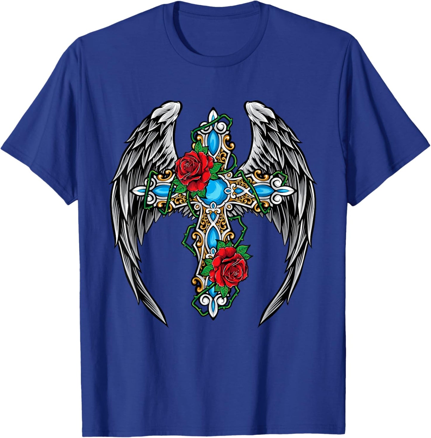 Christian Cross Vintage Rose Flower Cross Wings Religion T-Shirt - T-Shirt | Royal