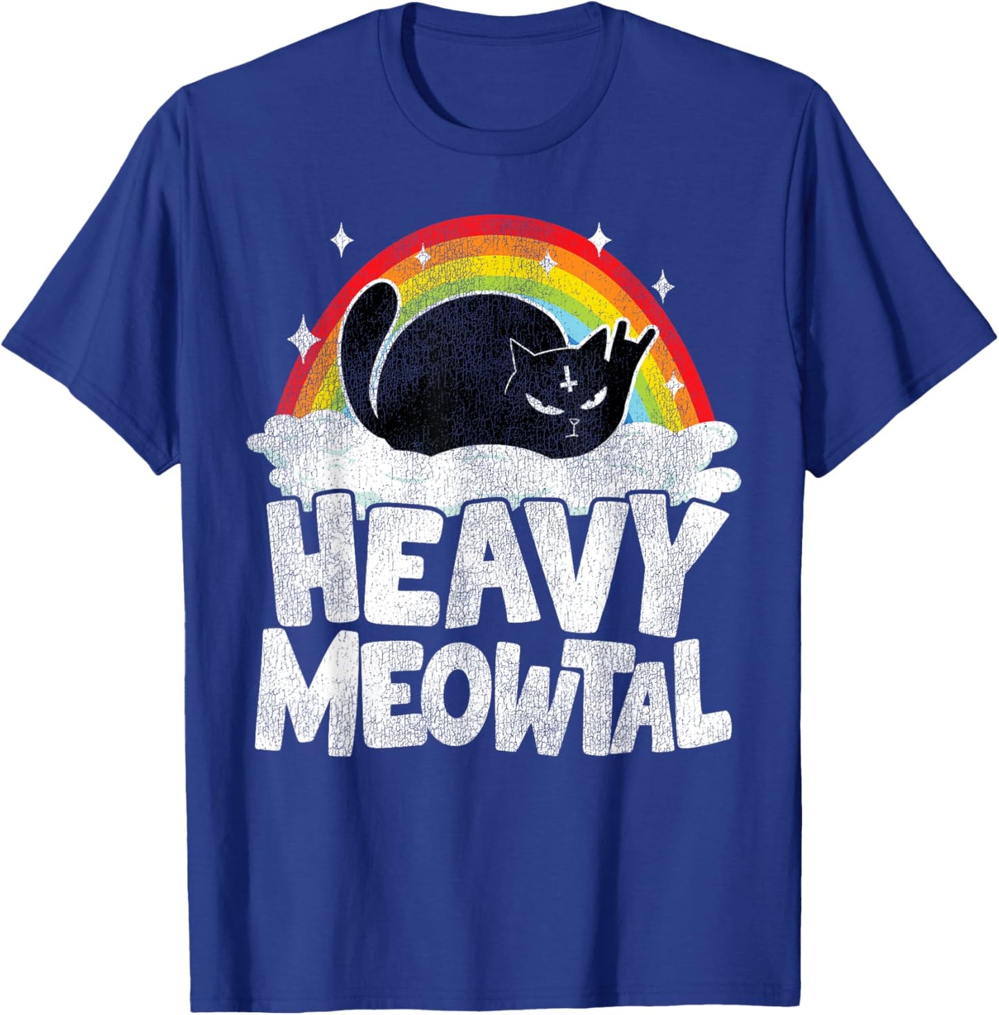 Heavy Meowtal Cat Retro Rainbow Satanic Funny Heavy Metal T-Shirt - T-Shirt | Royal