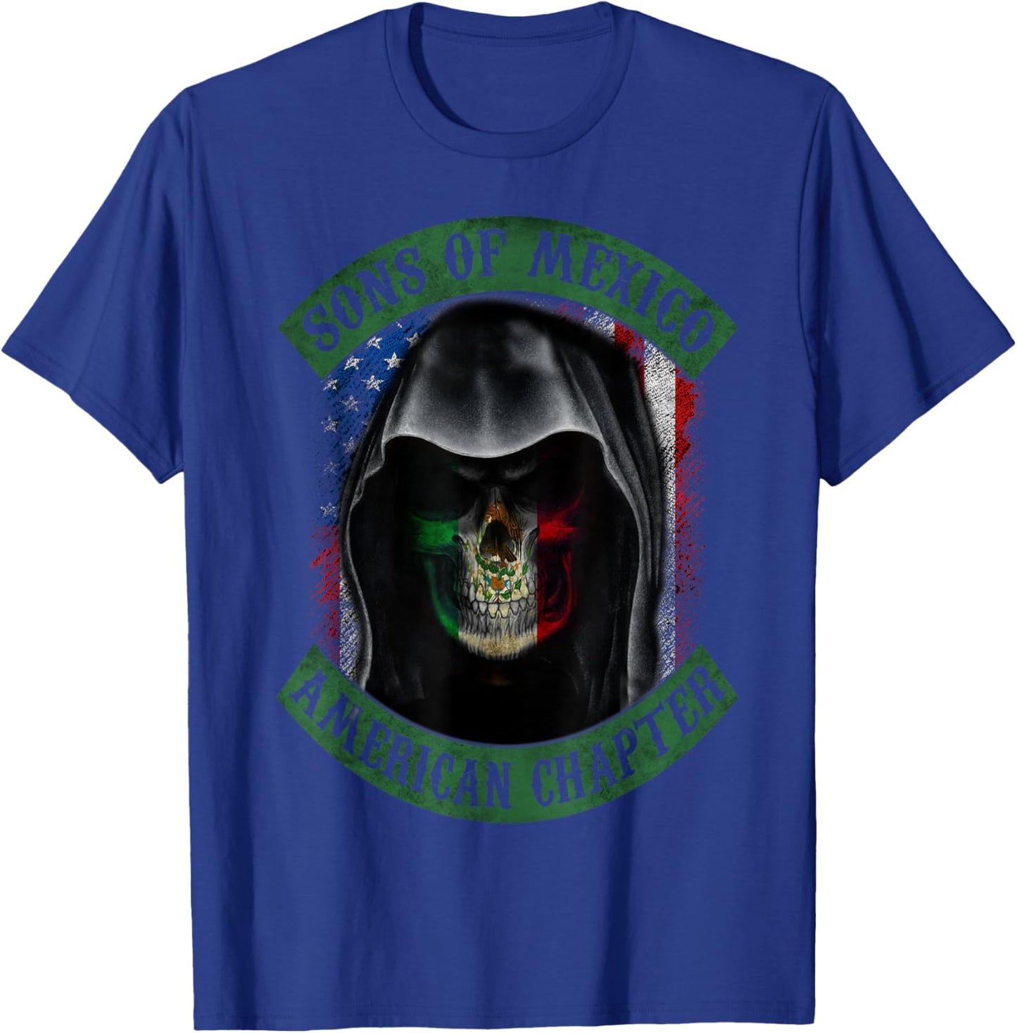 Sons Of Mexico, American Chapter, Mexican Skull USA Flag Women Men T-Shirt - T-Shirt | Royal