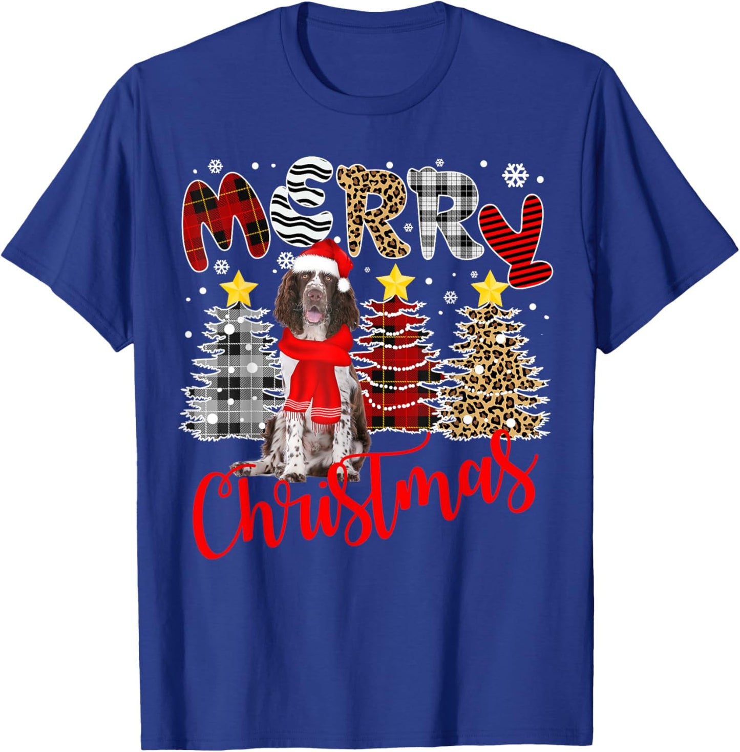 English Springer Spaniel Christmas Tree Leopard Plaid Print T-Shirt - T-Shirt | Royal
