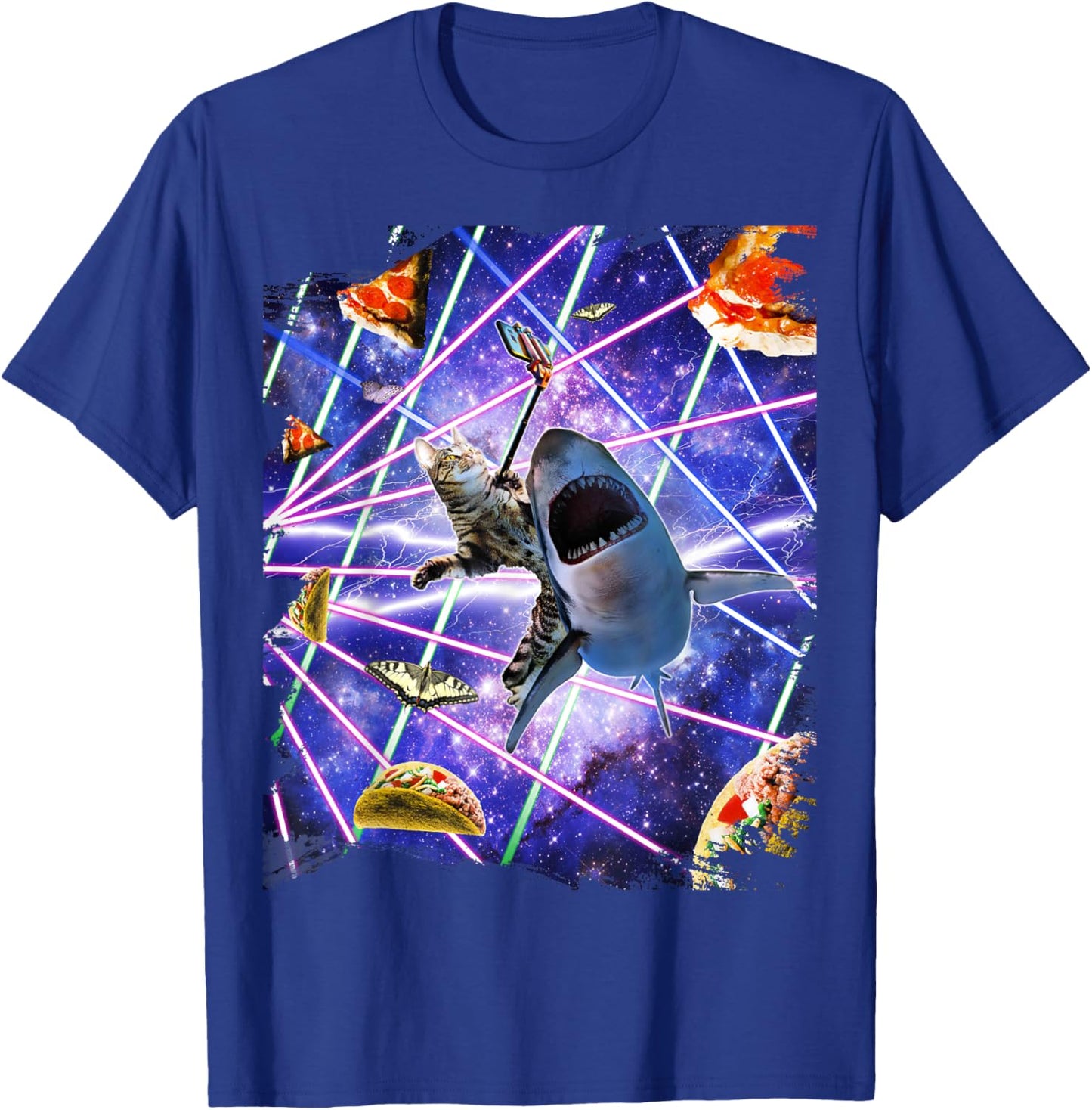 Selfie Cat Riding Shark, Space Rave, Pizza Taco Butterfly T-Shirt - T-Shirt | Royal