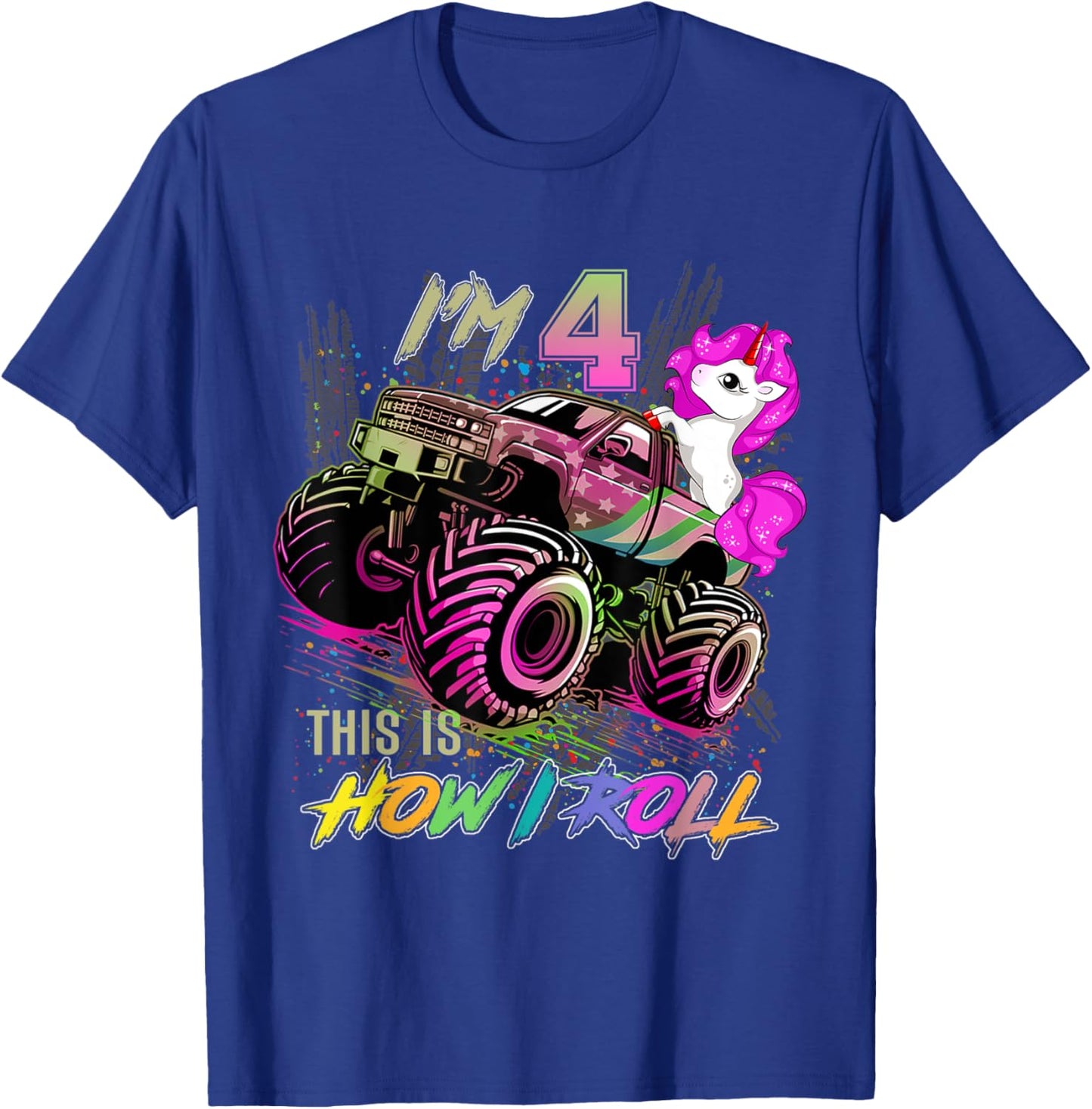 4 Year Old Girl Loves Monster Truck & Unicorn, 4th Birthday T-Shirt - T-Shirt | Royal
