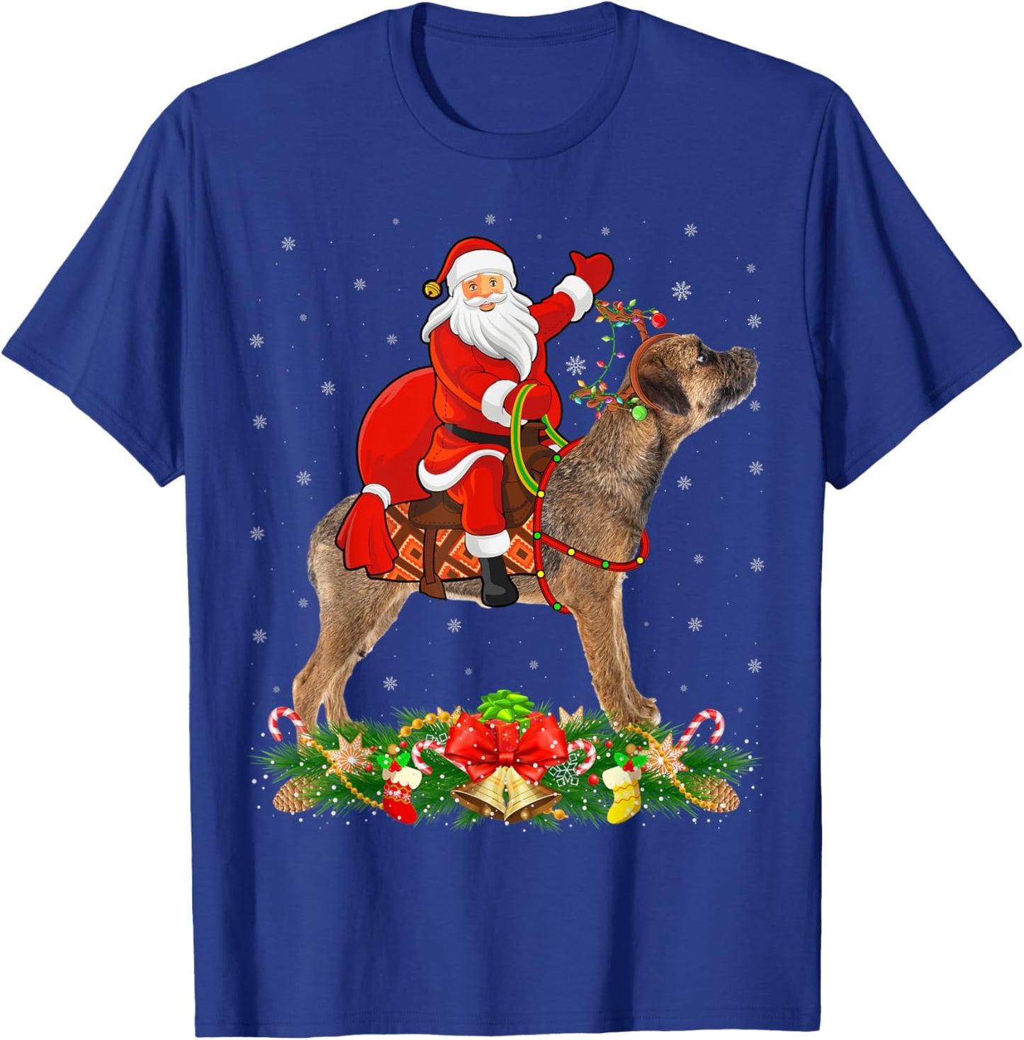 Xmas Matching Funny Santa Riding Border Terrier Christmas T-Shirt - T-Shirt | Royal