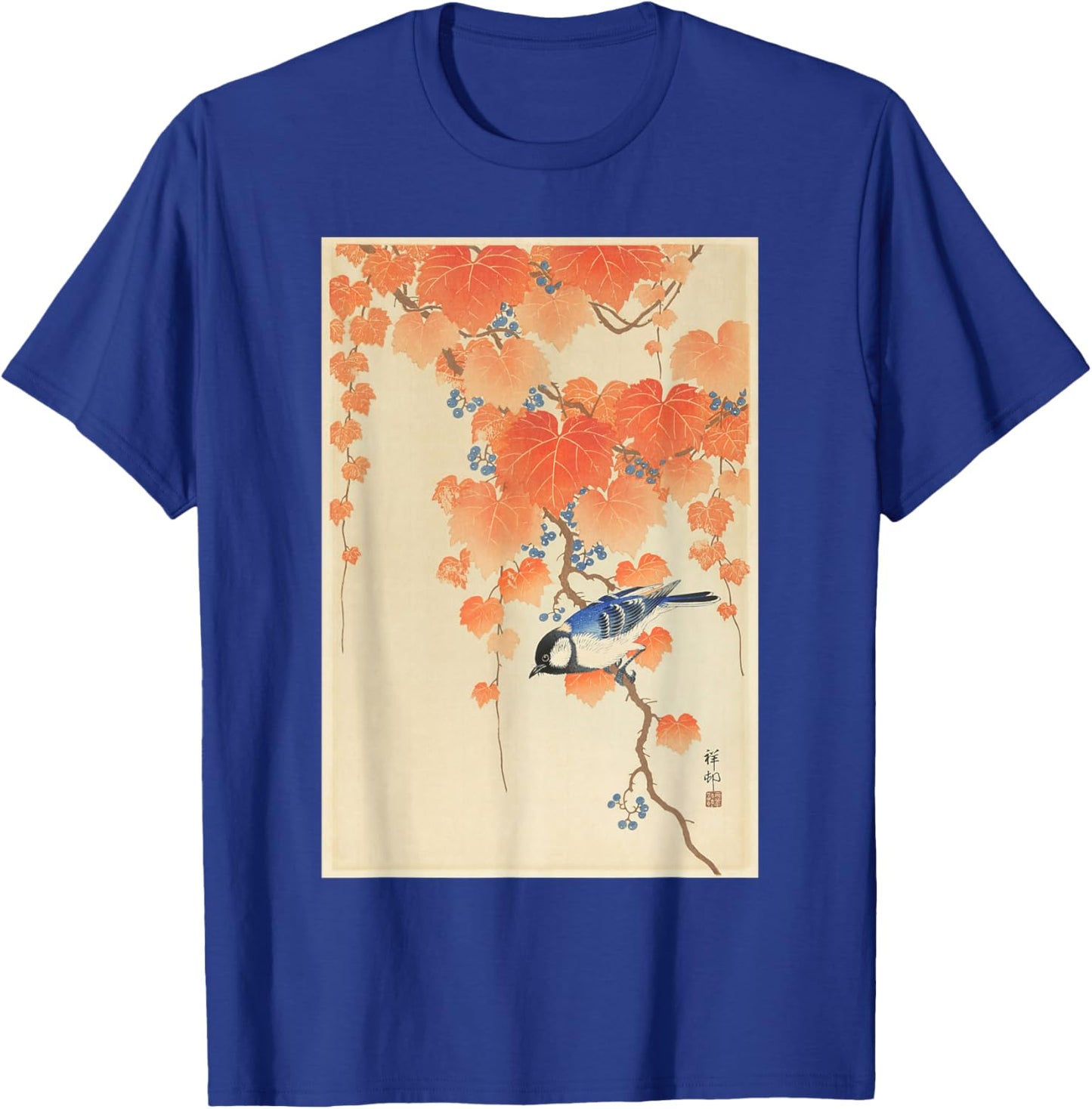 Vintage Japanese Art Naturalist Blue Song Bird Painting T-Shirt - T-Shirt | Royal