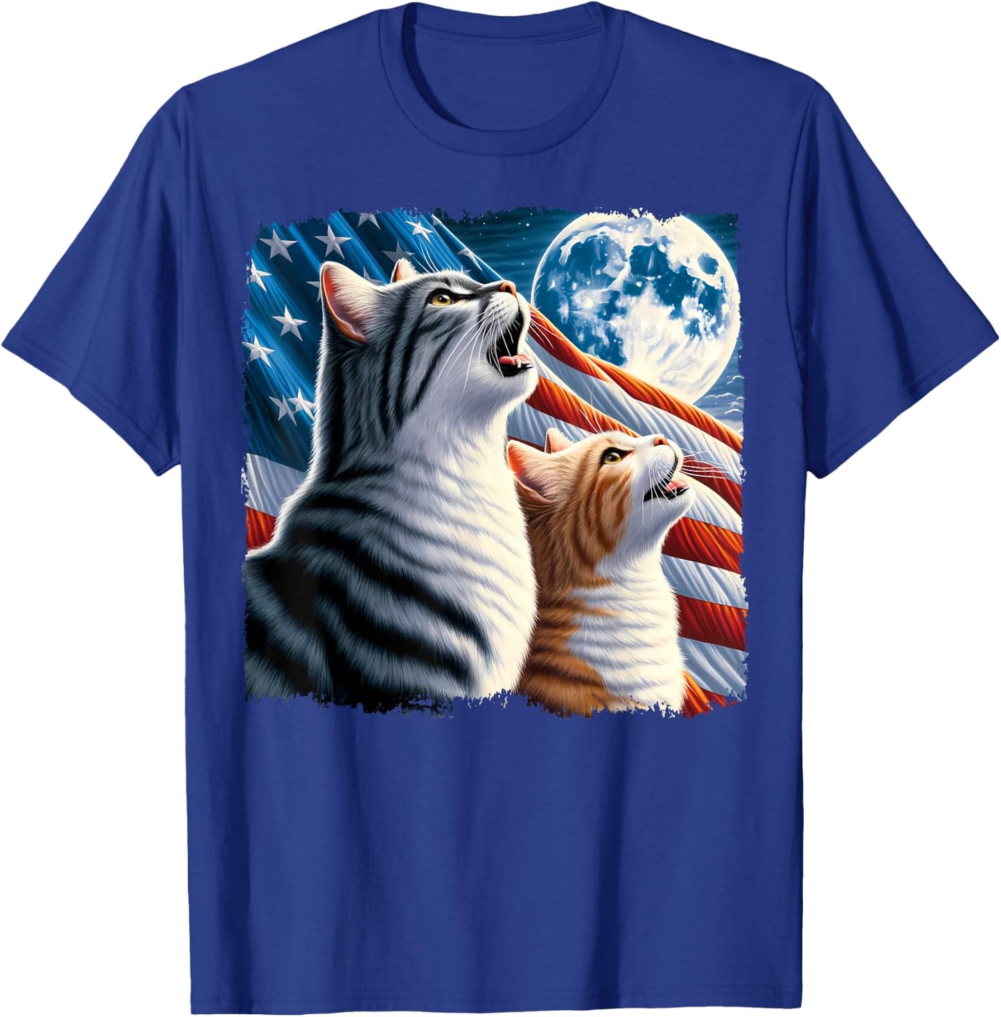 Cat 4th of July American Flag Howling Cats Under Blood Moon T-Shirt - T-Shirt | Royal